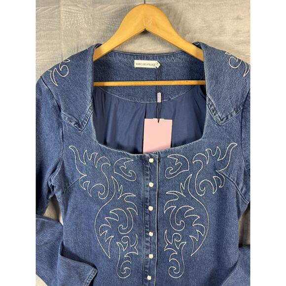 Avec Les Filles Western Embroidered Denim Minidress Size 14 Woman’s Cowgirl - Picture 5 of 11